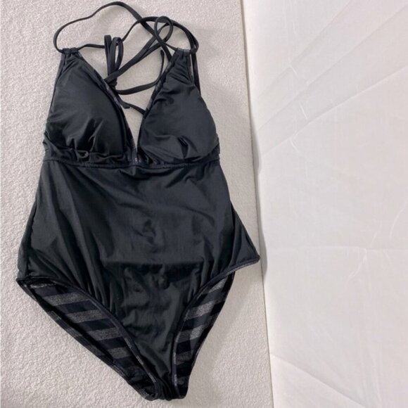 Women’s Black & Metallic Grey Striped One Piece Bathing Suit Swimsuit XL - Picture 4 of 14